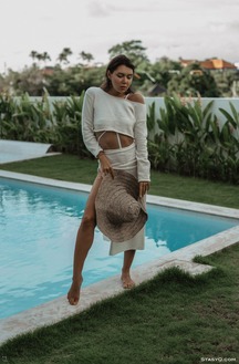 EllaQ Poses Nude And In White Lingerie By The Poolside Grass Wearing A Straw Hat