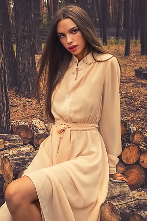 Alina stripping long dress in the woods